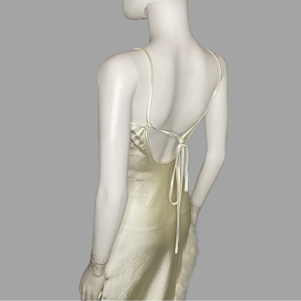 Cream Asymmetrical Satin‎ Spaghetti Strap Dress with Faux Fur Detail - Picture 3 of 5